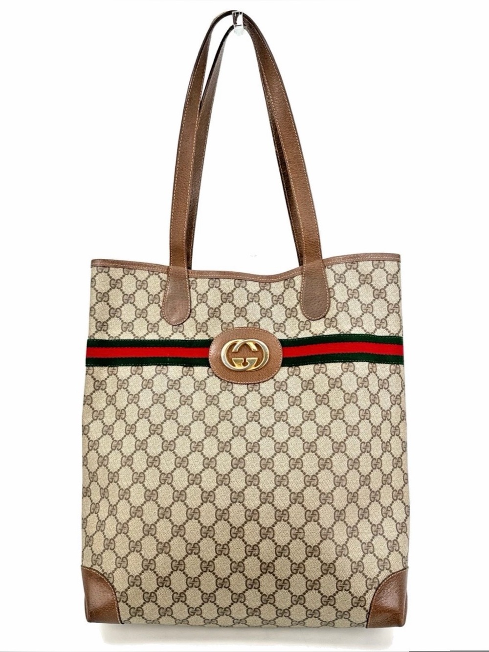 Gucci Beige Monogram Canvas Tote with Brown Trim and Red/Green Web